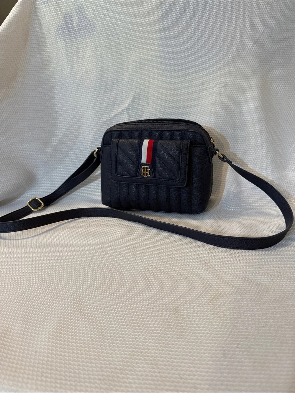 Tommy Hilfiger Navy Quilted Crossbody with Red and White Stripe Accent
